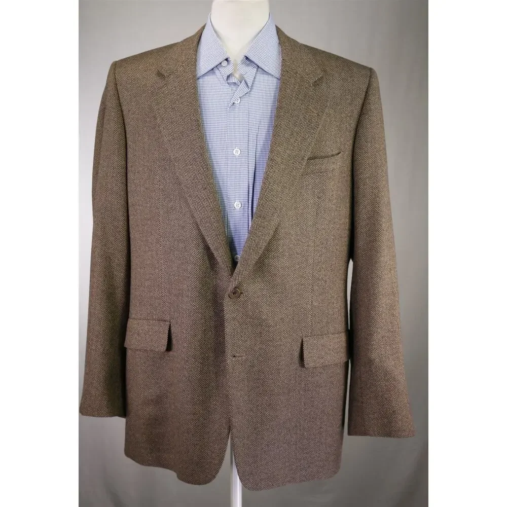 Hickey Freeman Brown Herringbone Tweed 2-Btn Wool Sportcoat Blazer 46L